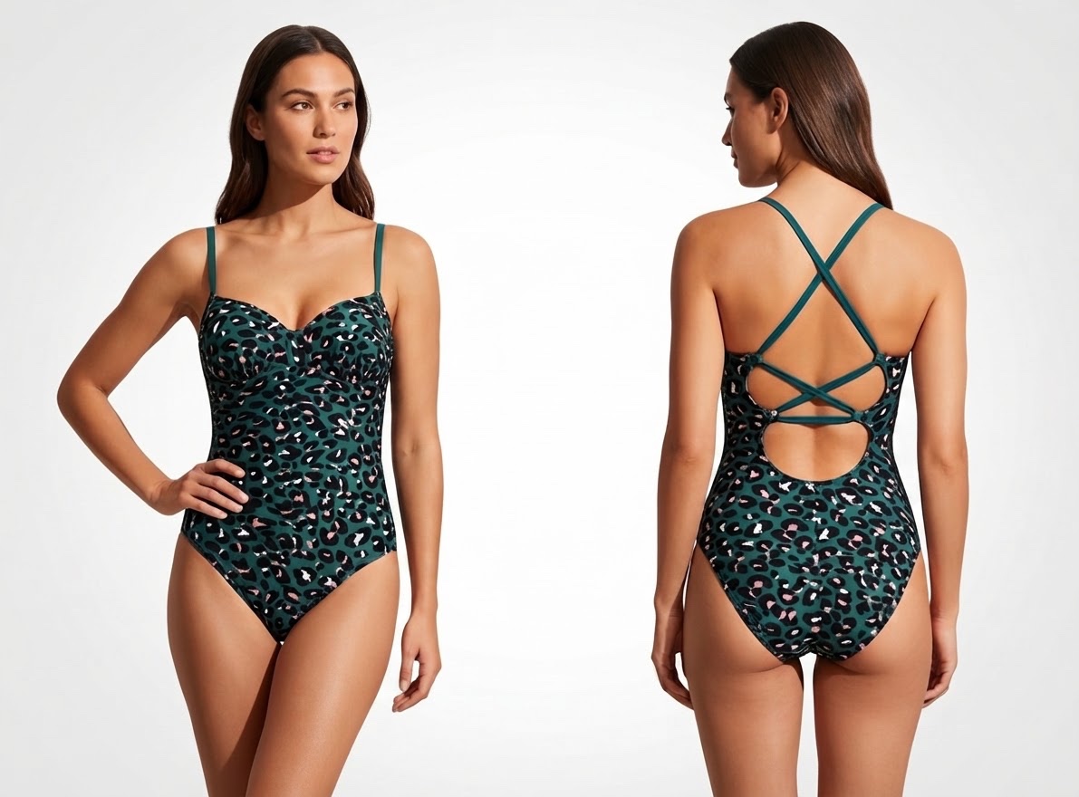 Maillot de bain 1 pièce léopard vert et rose – Dos nu croisé