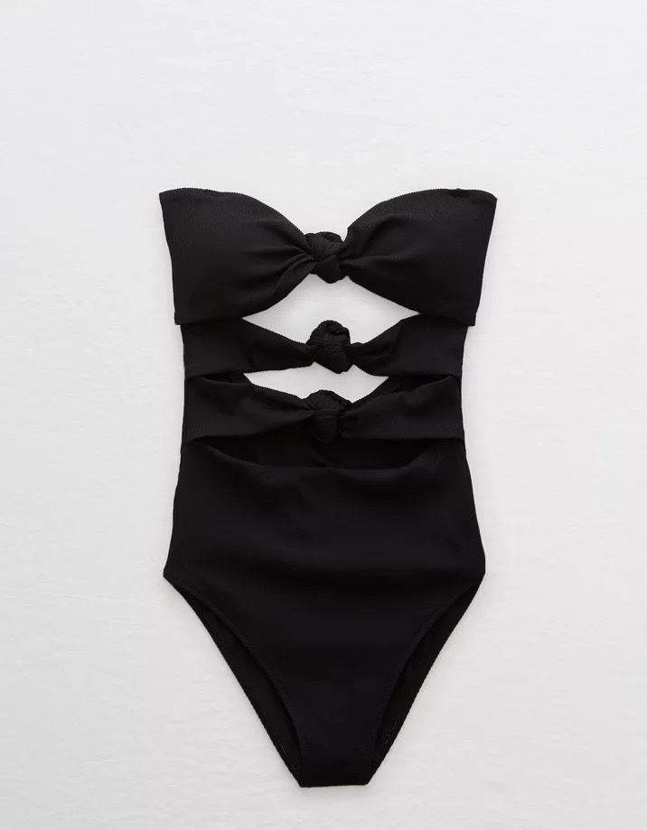 Monokini noir côtelé Aerie avec nœuds 