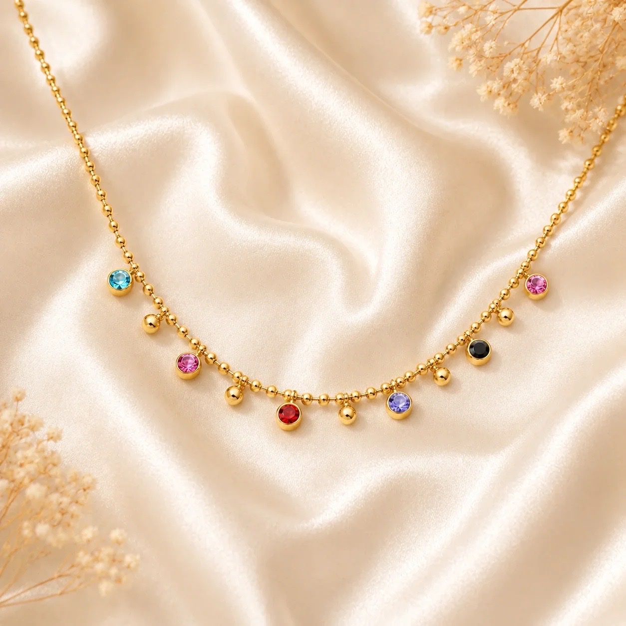 Collier doré en acier inoxydable avec zircons multicolores 