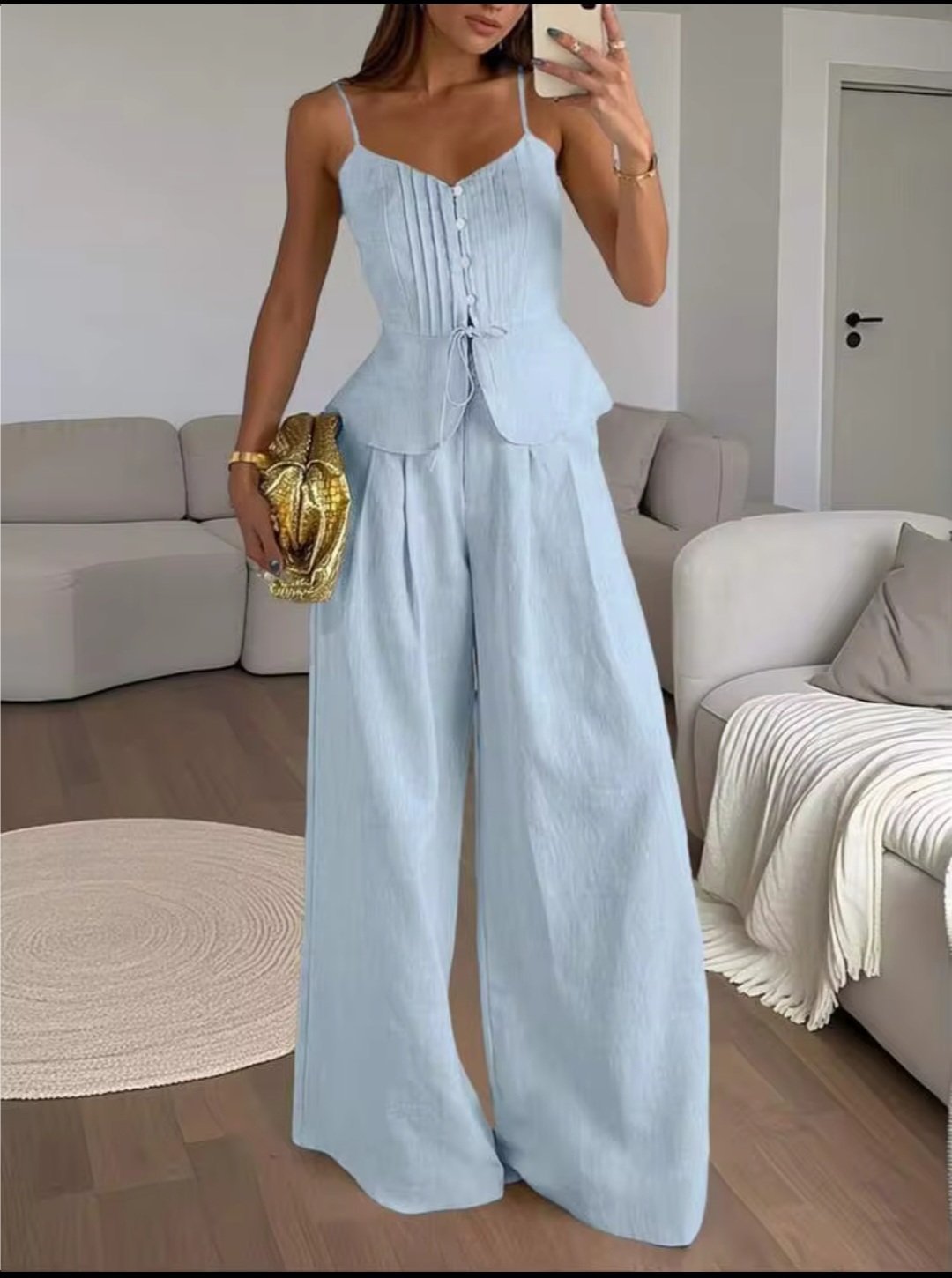  Ensemble deux pièces bleu ciel (Top péplum + Pantalon large)
