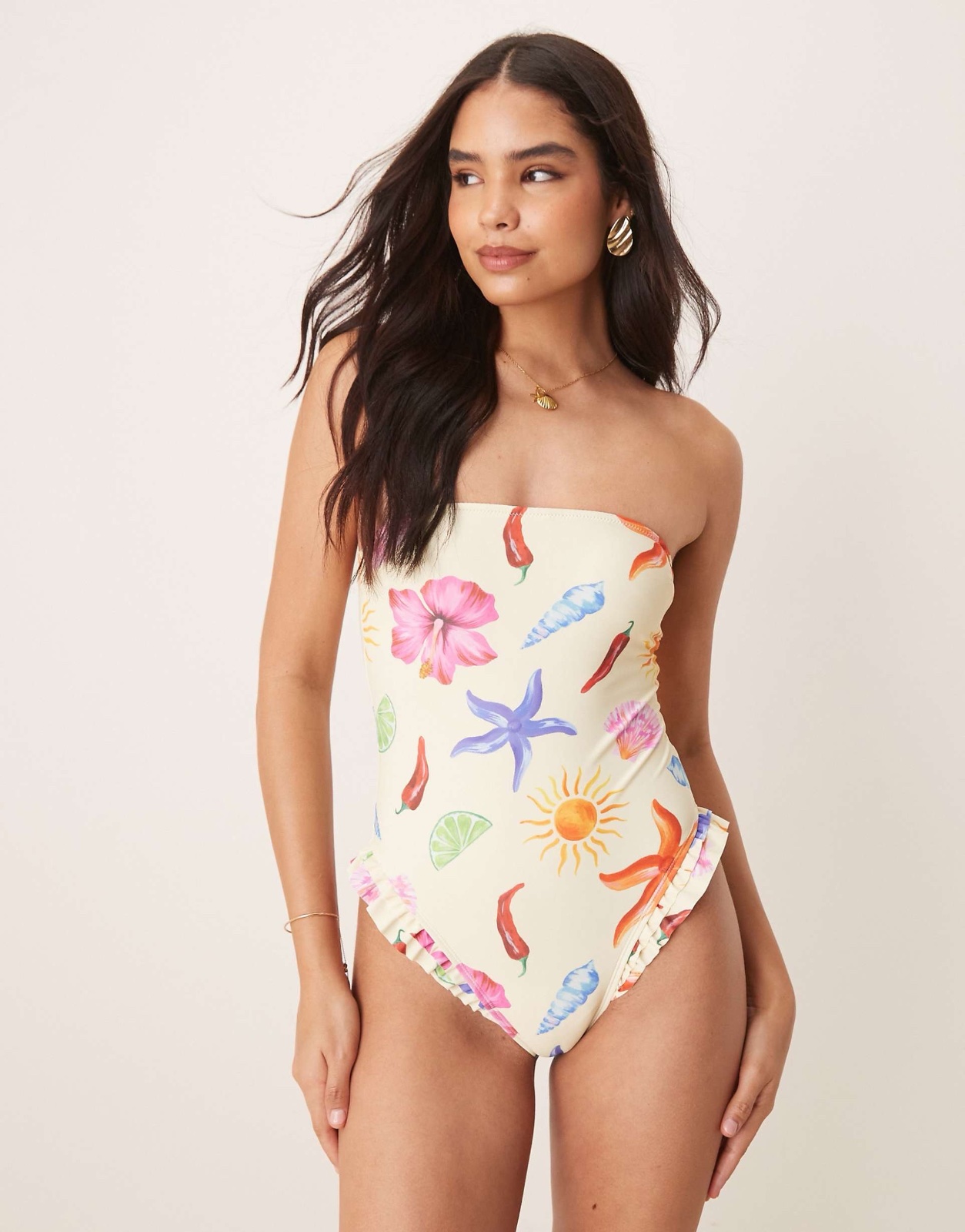 Maillot de bain 1 pièce bandeau ASOS DESIGN – Imprimé été & volants