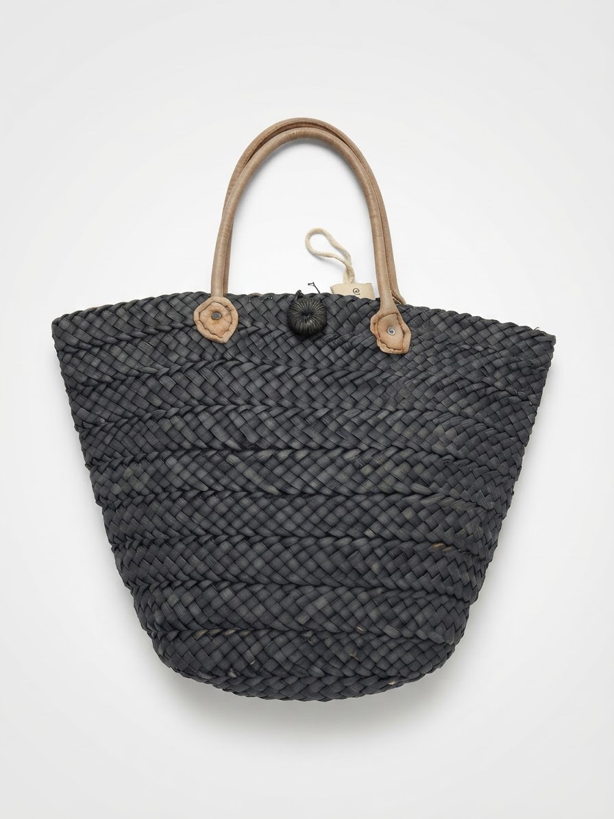 Sac cabas en paille tressée noire – Style panier de plage / bohème