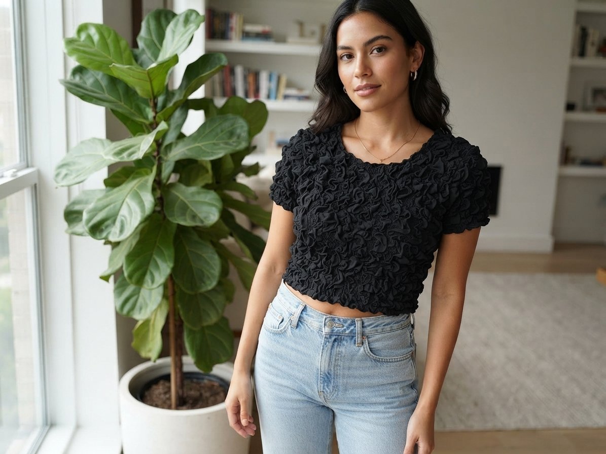 Crop top noir texturé et froncé 