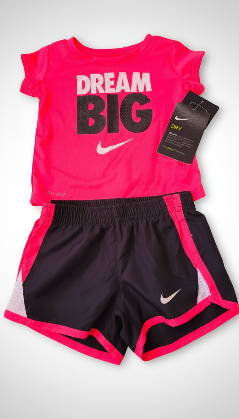 Nike "Dream Big" Dri-FIT t-shirt paired with matching black and pink athletic shorts