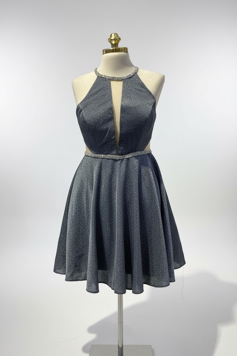 Robe de soirée courte pailletée gris argenté