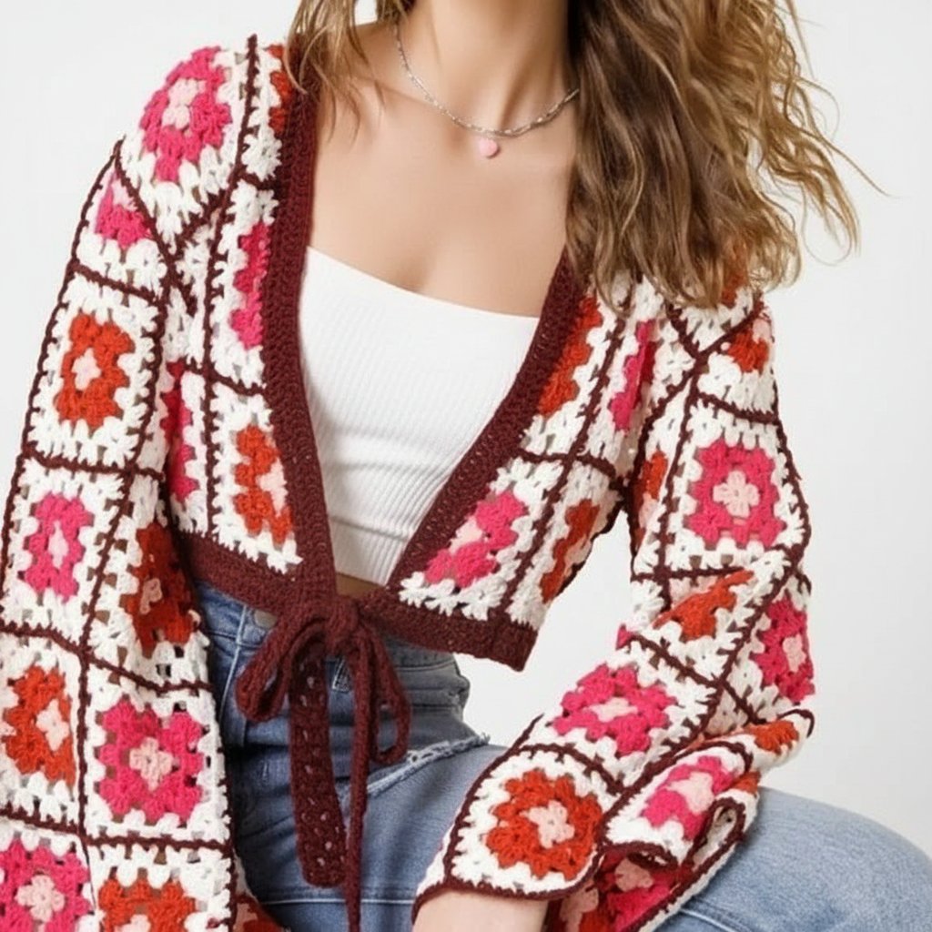 Boléro / Gilet court en crochet fait main style bohème (Vintage 70s)