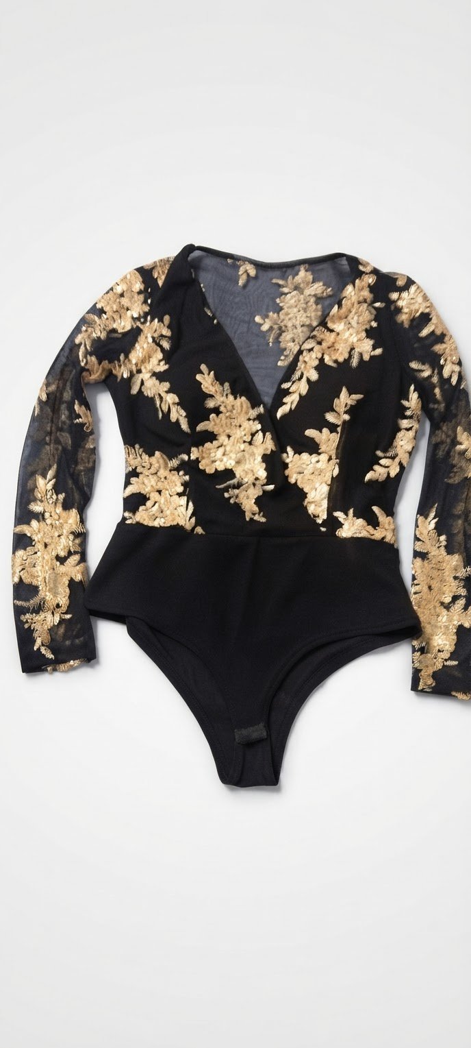 Body noir brodé en beige doré 