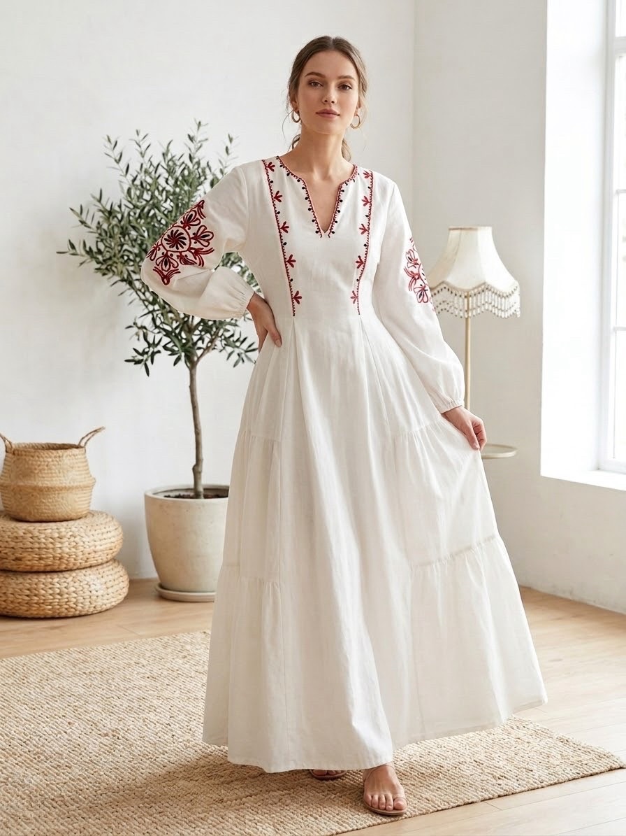 Robe Longue Bohème à Broderies Rouge & Noir