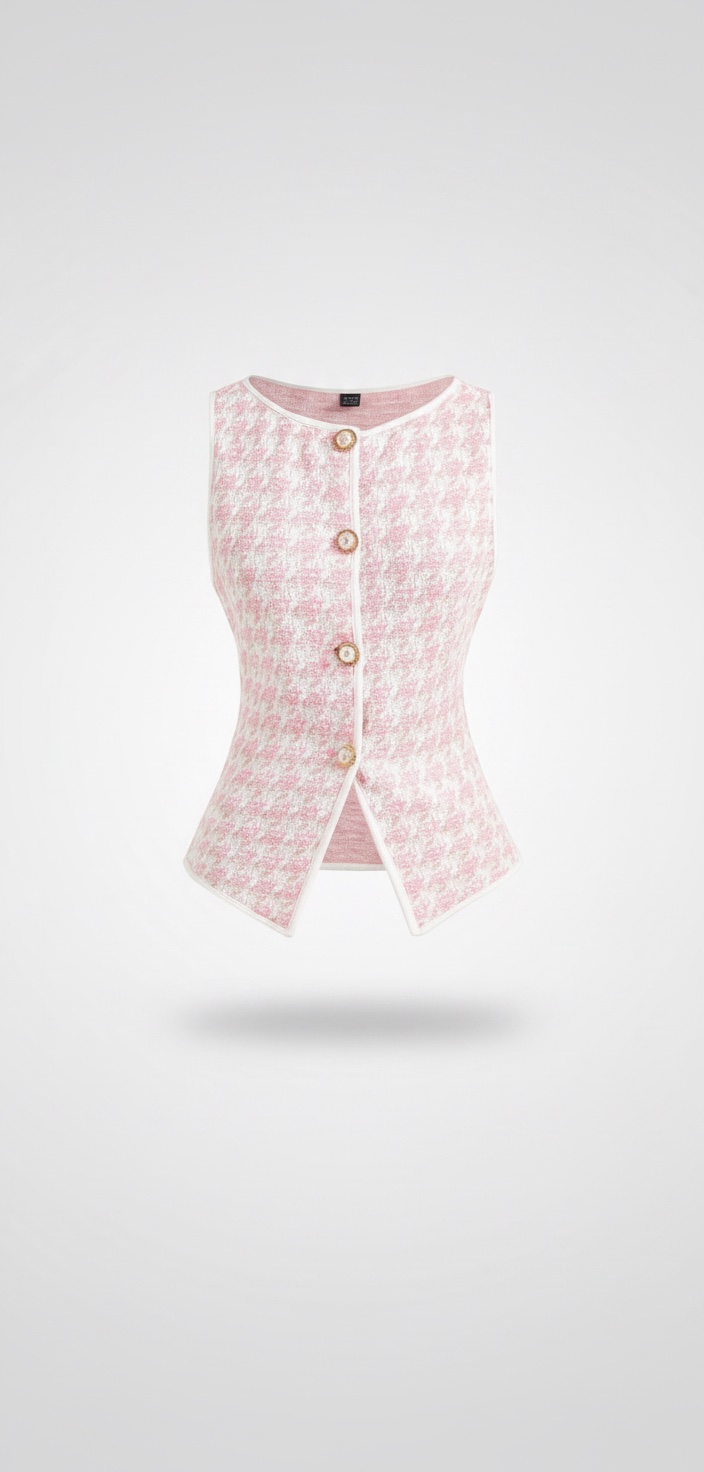 Débardeur tweed rose pied-de-poule style Chanel - Neuf