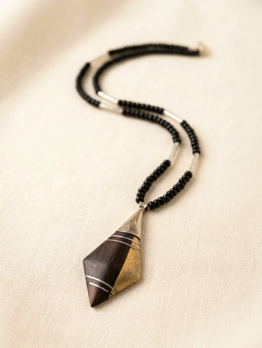 Collier tribal artisanal en bois et perles noires