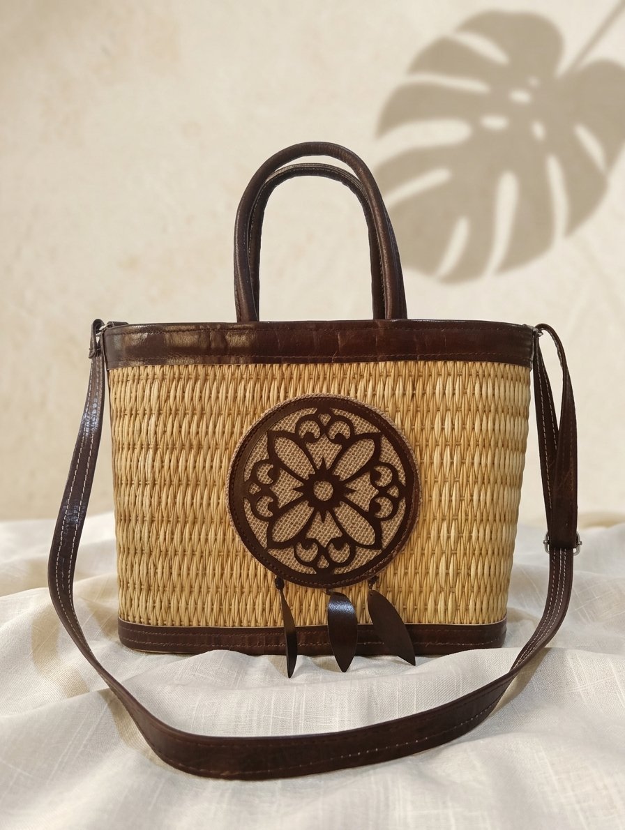 Sac traditionnel artisanal en cuir et jonc tressé