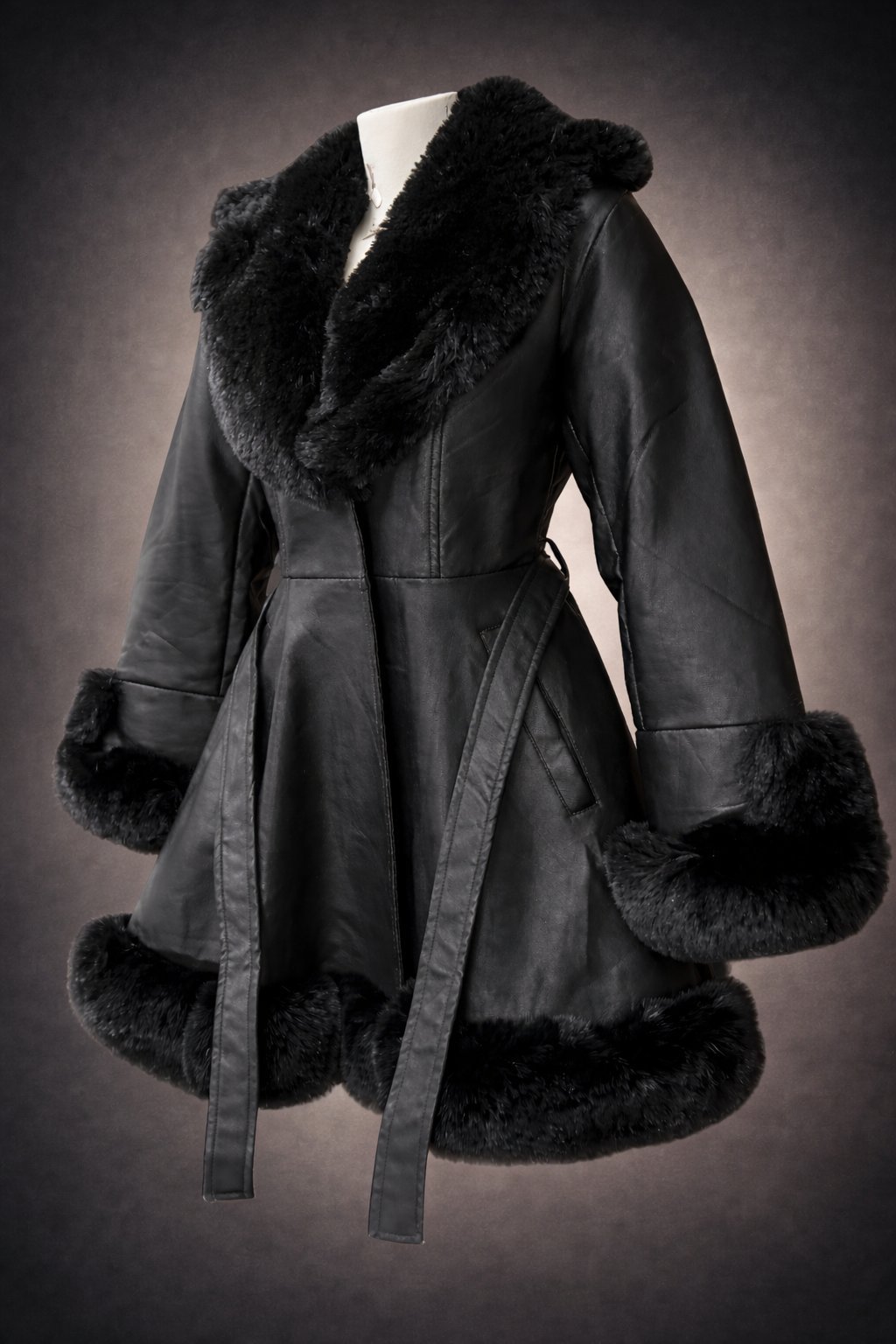 Black Leather Coat with Faux Fur Trim