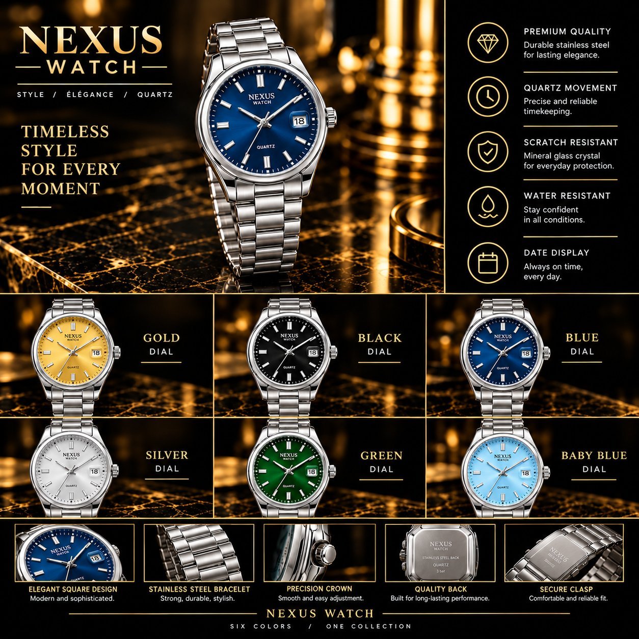NEXUS TIK CLASSIC Montre pour Homme– Stainless Steel Bracelet, Date Display, 6 Couleurs