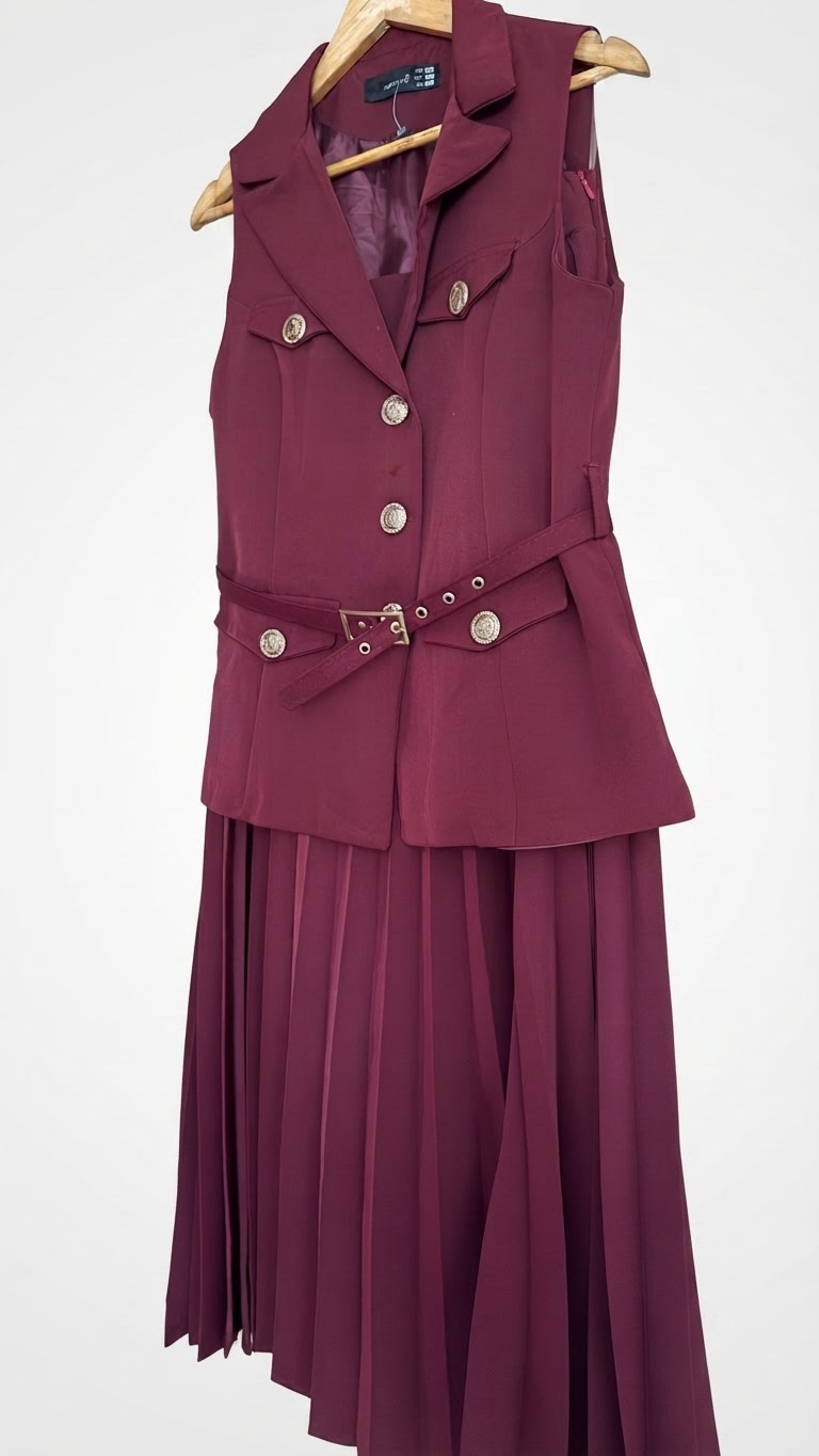 3 pièces (blazer + jupe plissée + ceinture) en rouge bordeau