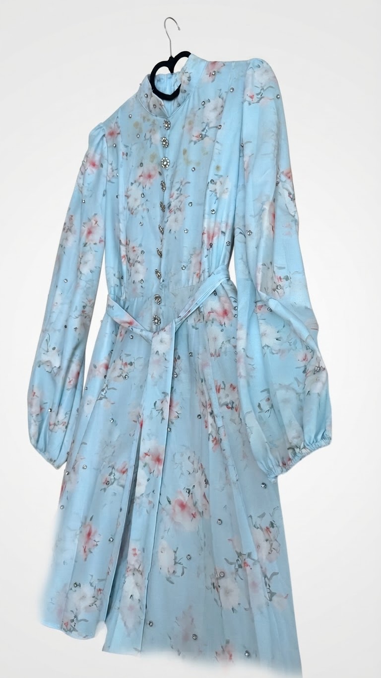 Robe soirée courte avec des diamands fleurie en bleu ciel