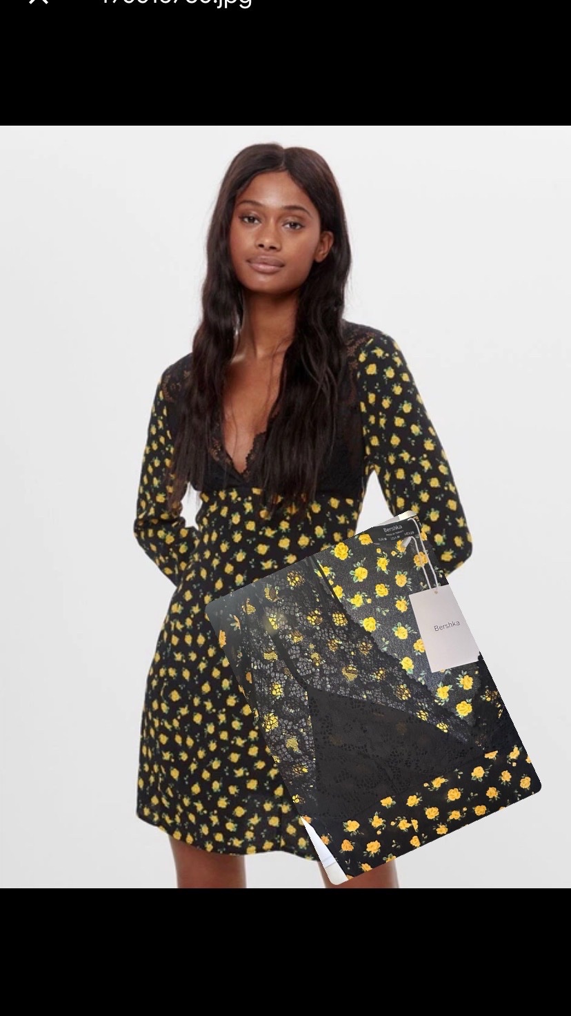 Robe noire fleurie jaune avec détails en dentelle