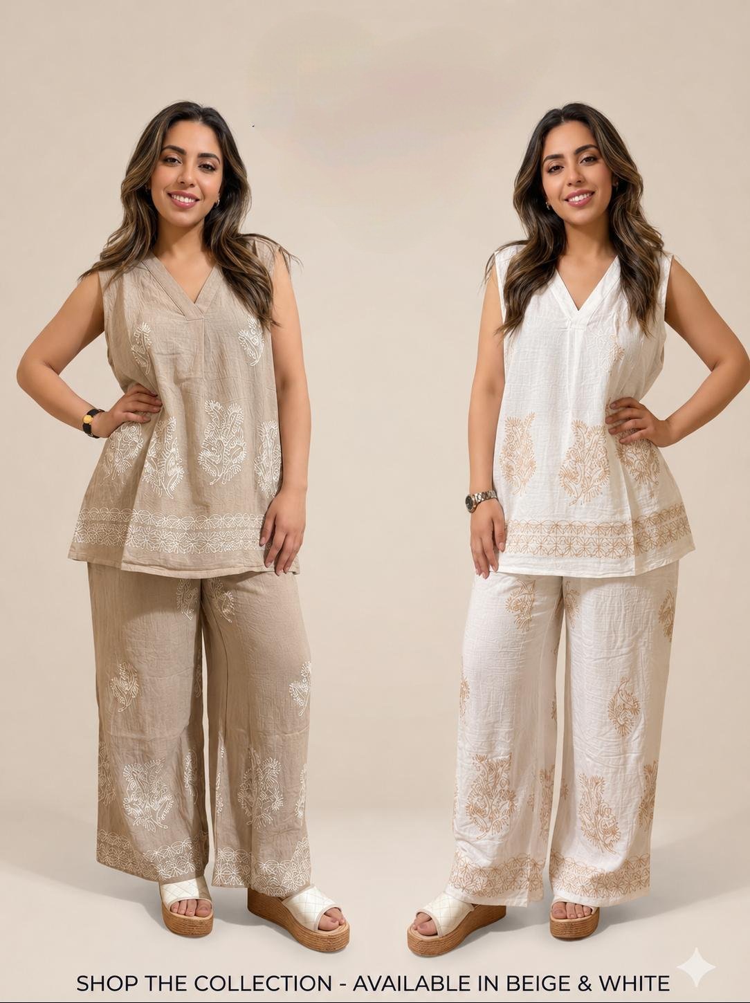 Ensemble élégant sans manches avec pantalon à motifs brodés 