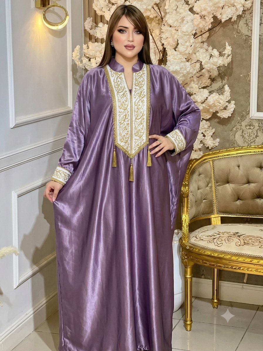 Koftan violet en satin haute qualité avec borderie dorée 