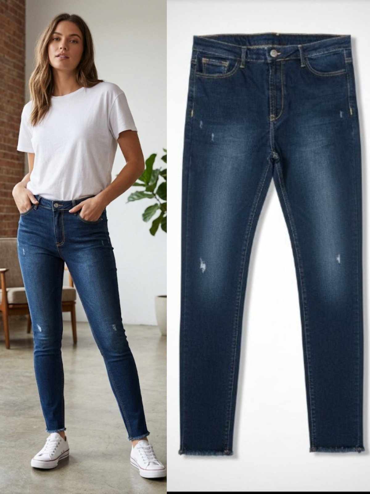 Un pantalon en jean bleu foncé, caractérisé par une coupe ajustée et des bas de jambes effilochés