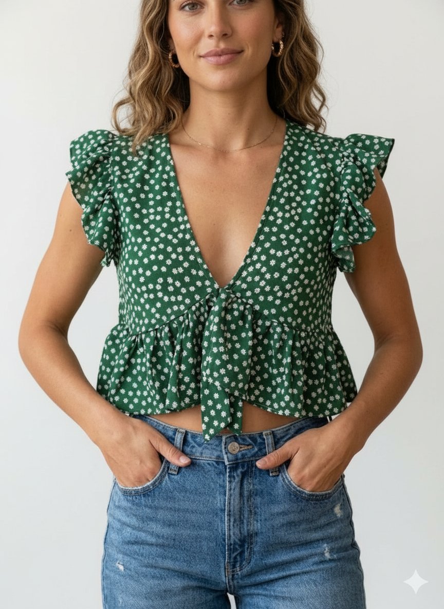 Chemise verte avec fleurs blanches 