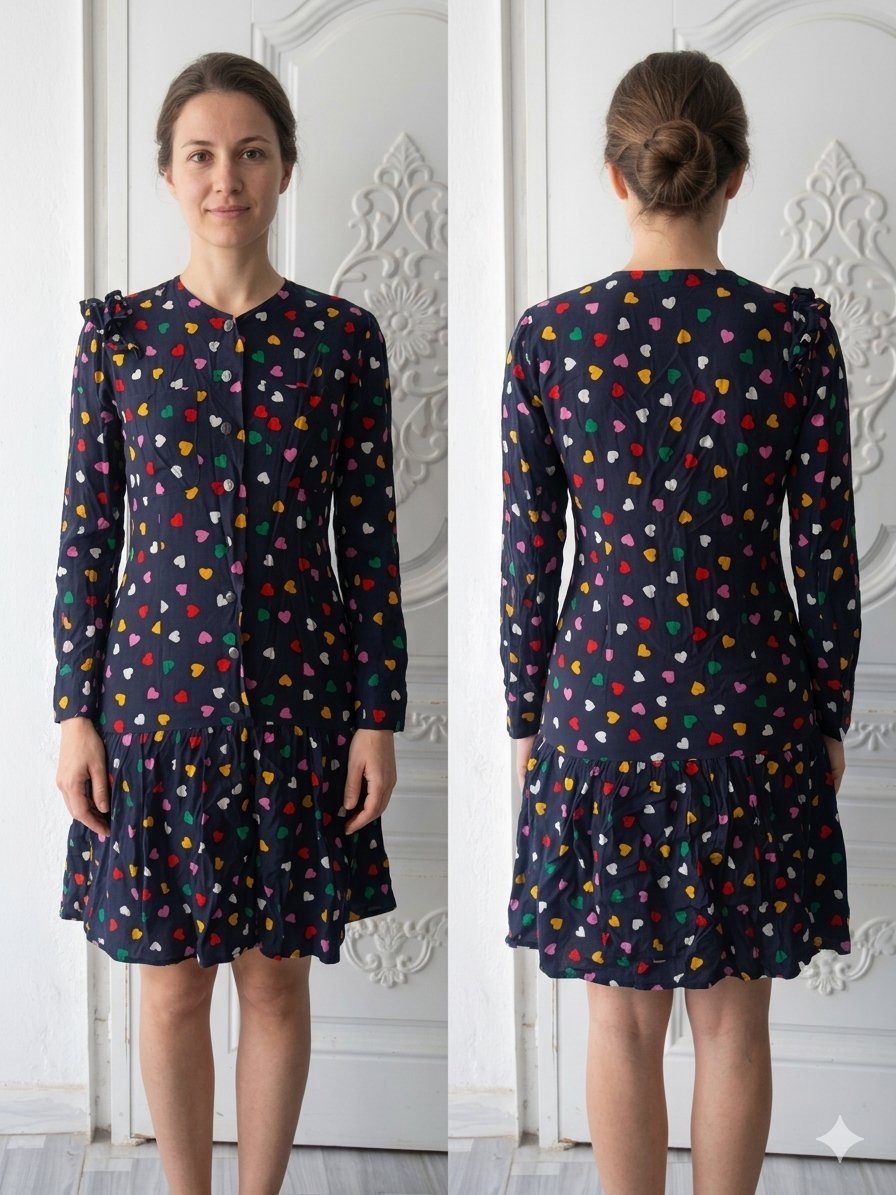 Robe boutonnée à imprimé cœurs multicolores sur fond noir arbore un style vintage avec des manches longues et un ourlet à volants
