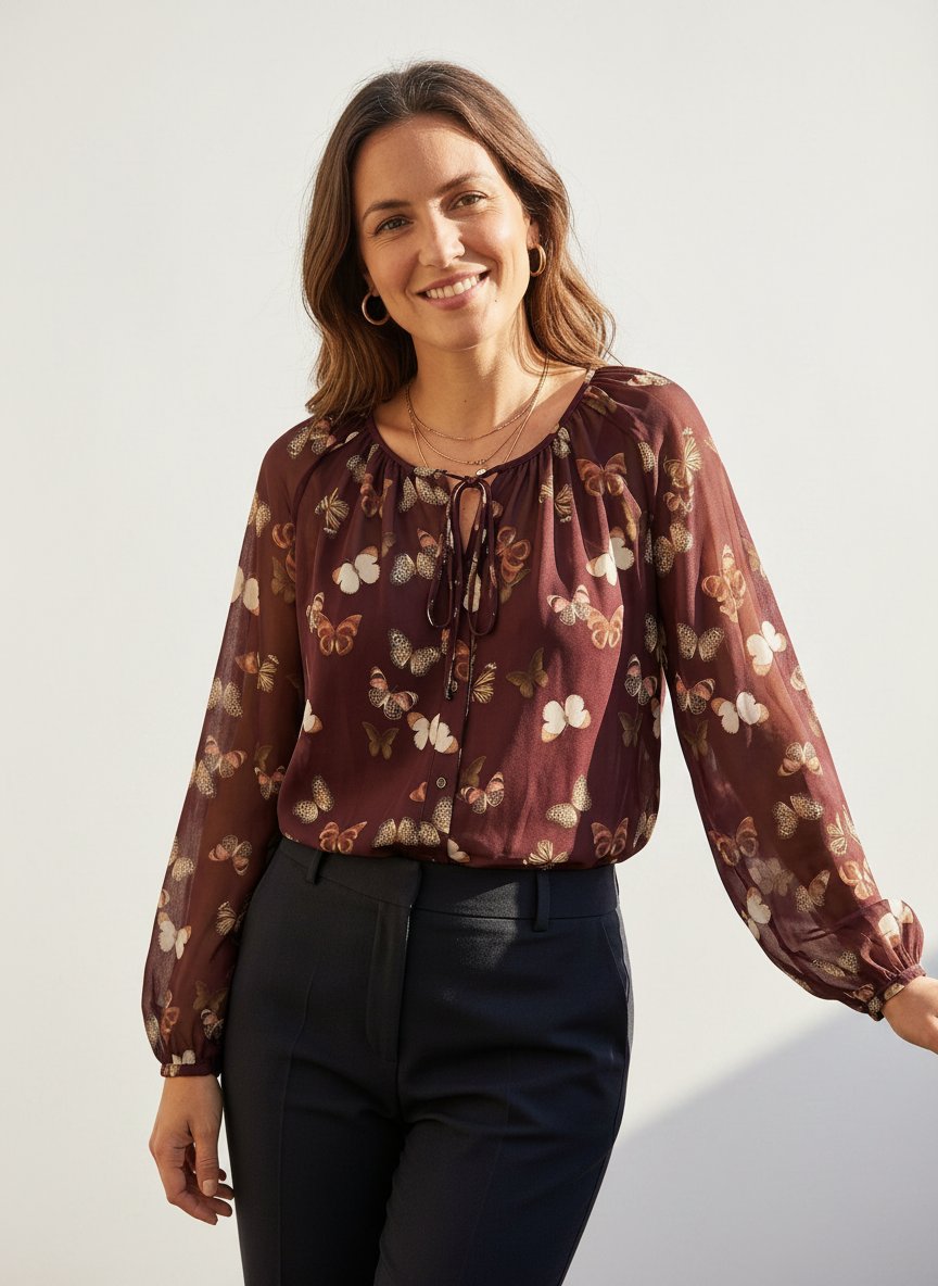 Une blouse en mousseline marron présente un motif intégral de papillons et une fermeture à lacets marque s.Oliver