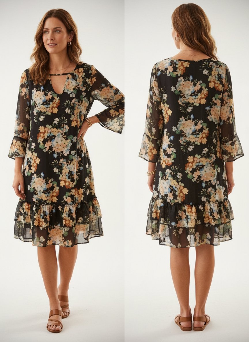 Une robe à fleurs sur fond noir est à la fois légère et élégante