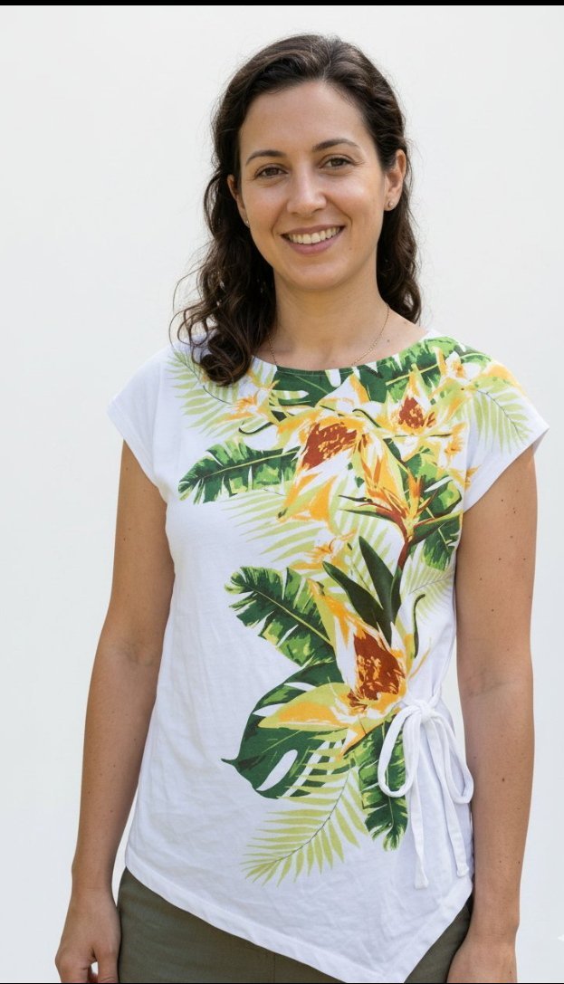 Un t-shirt imprimé à motif tropical de la marque allemande Laura Torelli