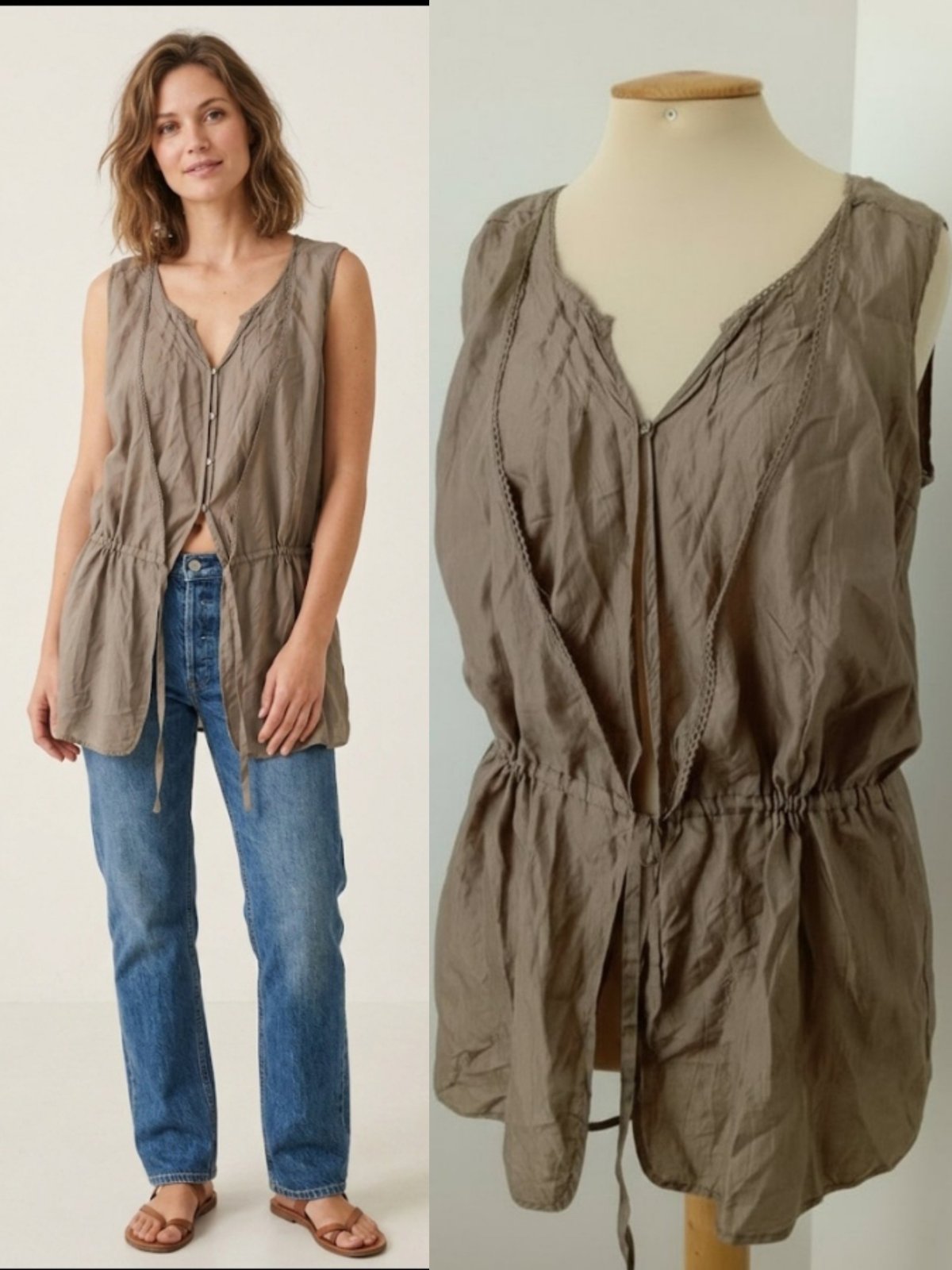 Chemise ample soie sans manches couleur vert kaki