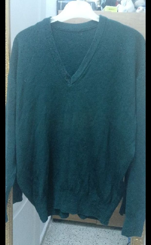 Un pull en laine vert foncé à col en V. 
