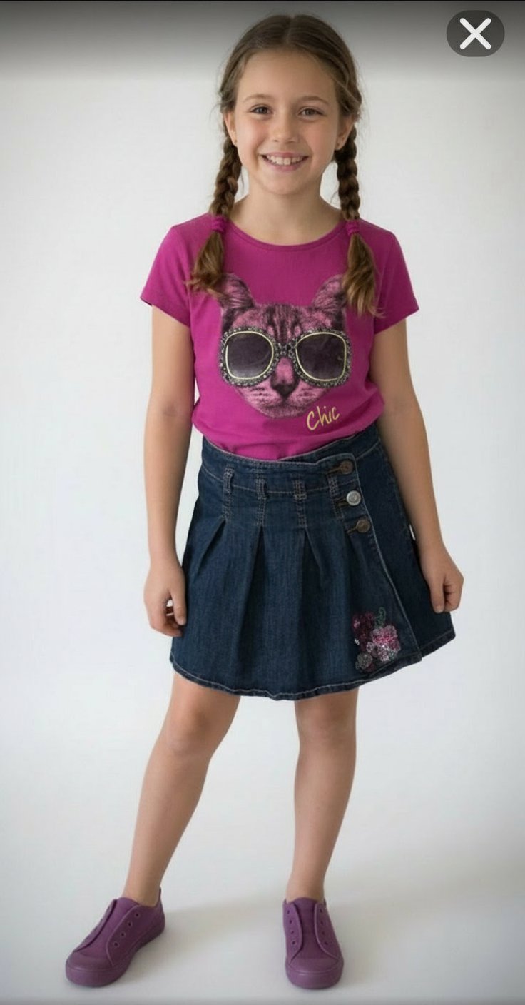 Un t-shirt rose fushia pour enfant de la marque George, avec un motif de chat portant des lunettes de soleil et le mot " Chic " et un jupe jean avec broderie florale 