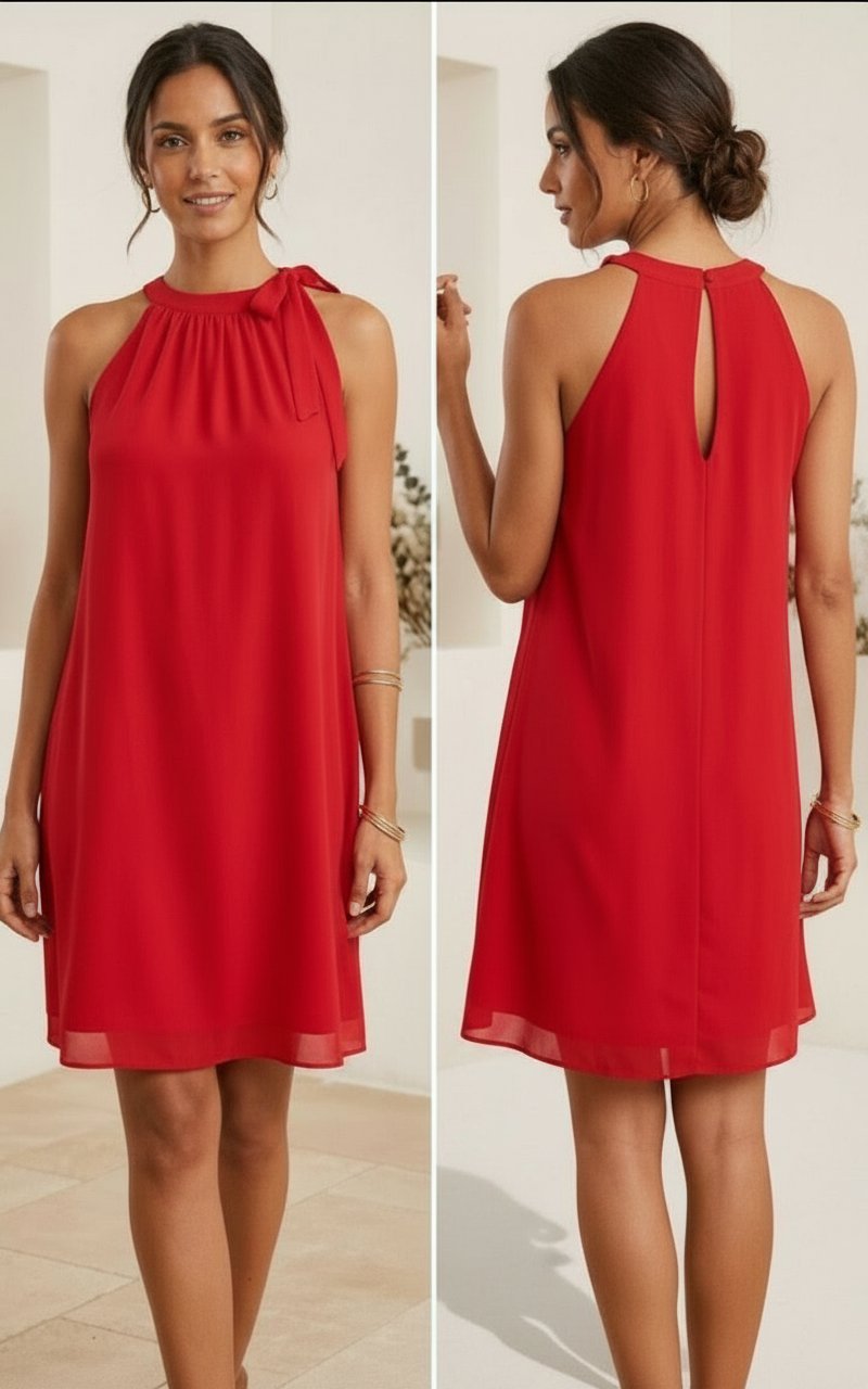 Robe mousseline avec un col halter froncé avec un nœud décoratif