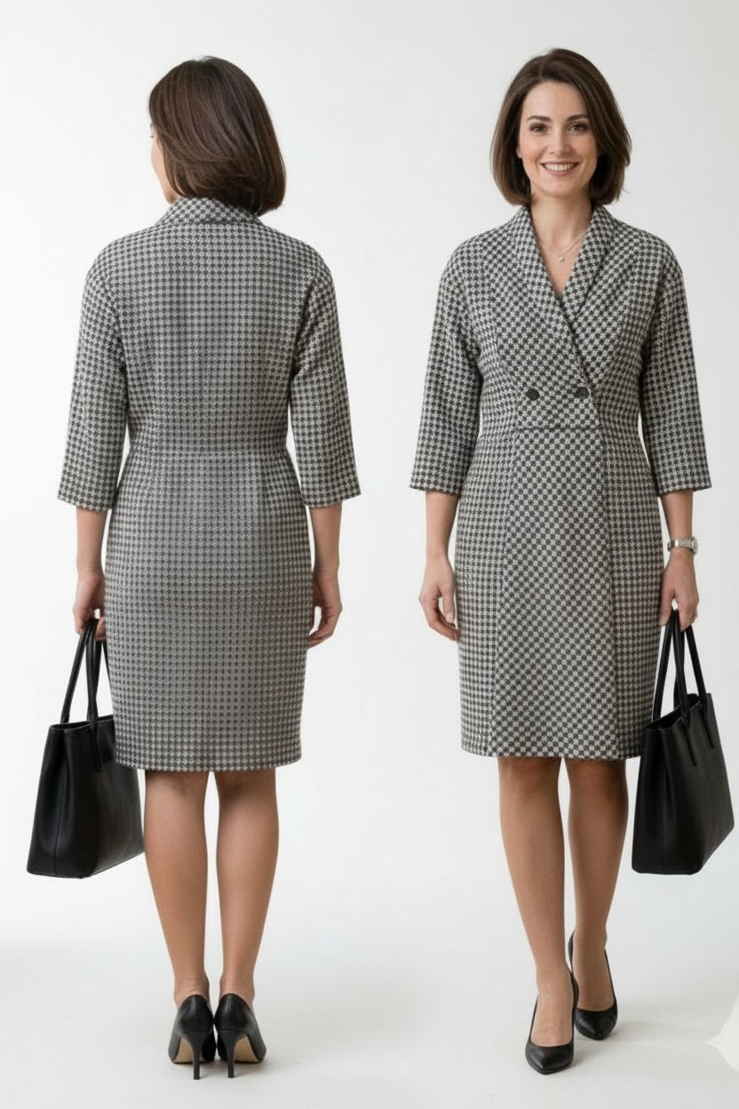 Robe vintage Jean Bailly se distingue par son motif classique en pied-de-poule noir et blanc