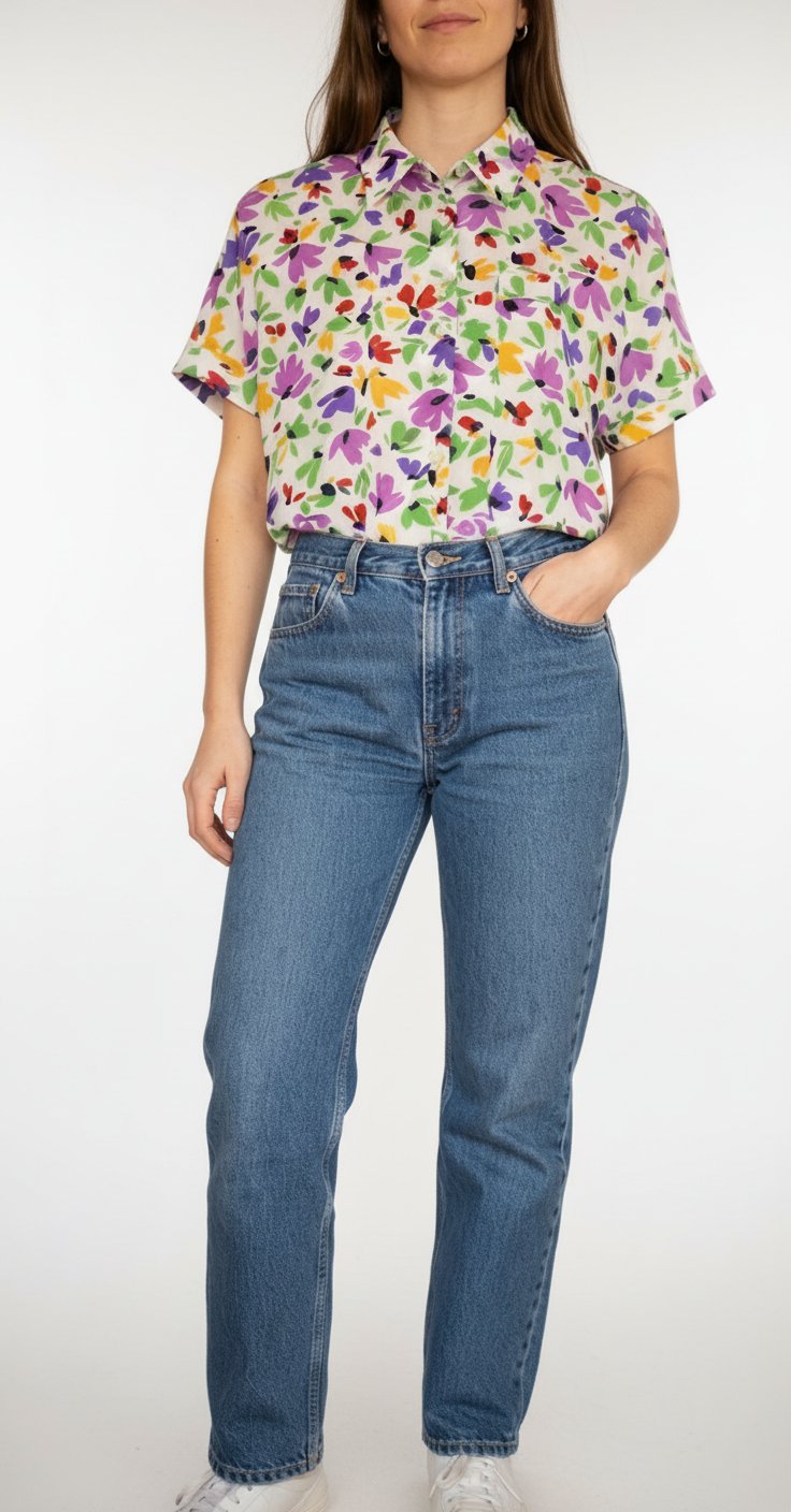 Jolie chemise vintage à manches courtes avec un motif floral coloré sur un fond blanc
