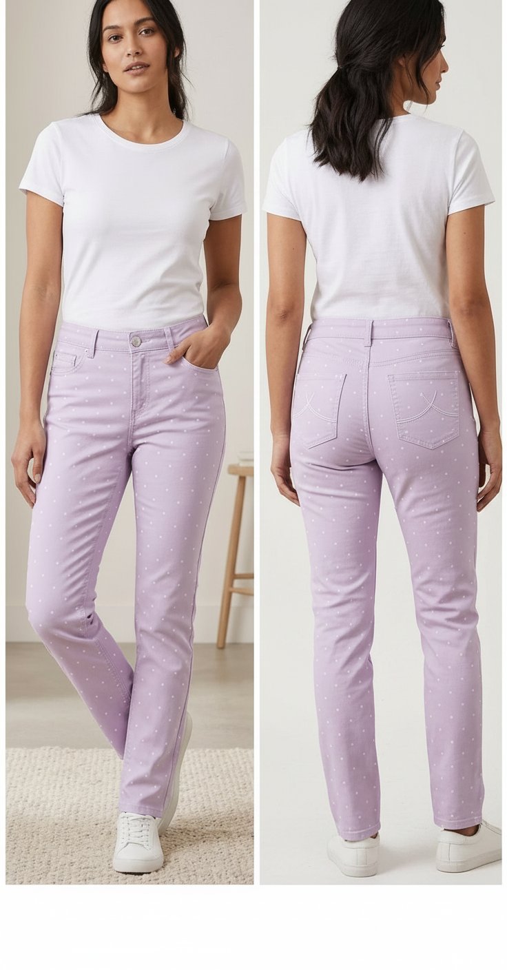 Un pantalon rose avec des pointillés blanches 
