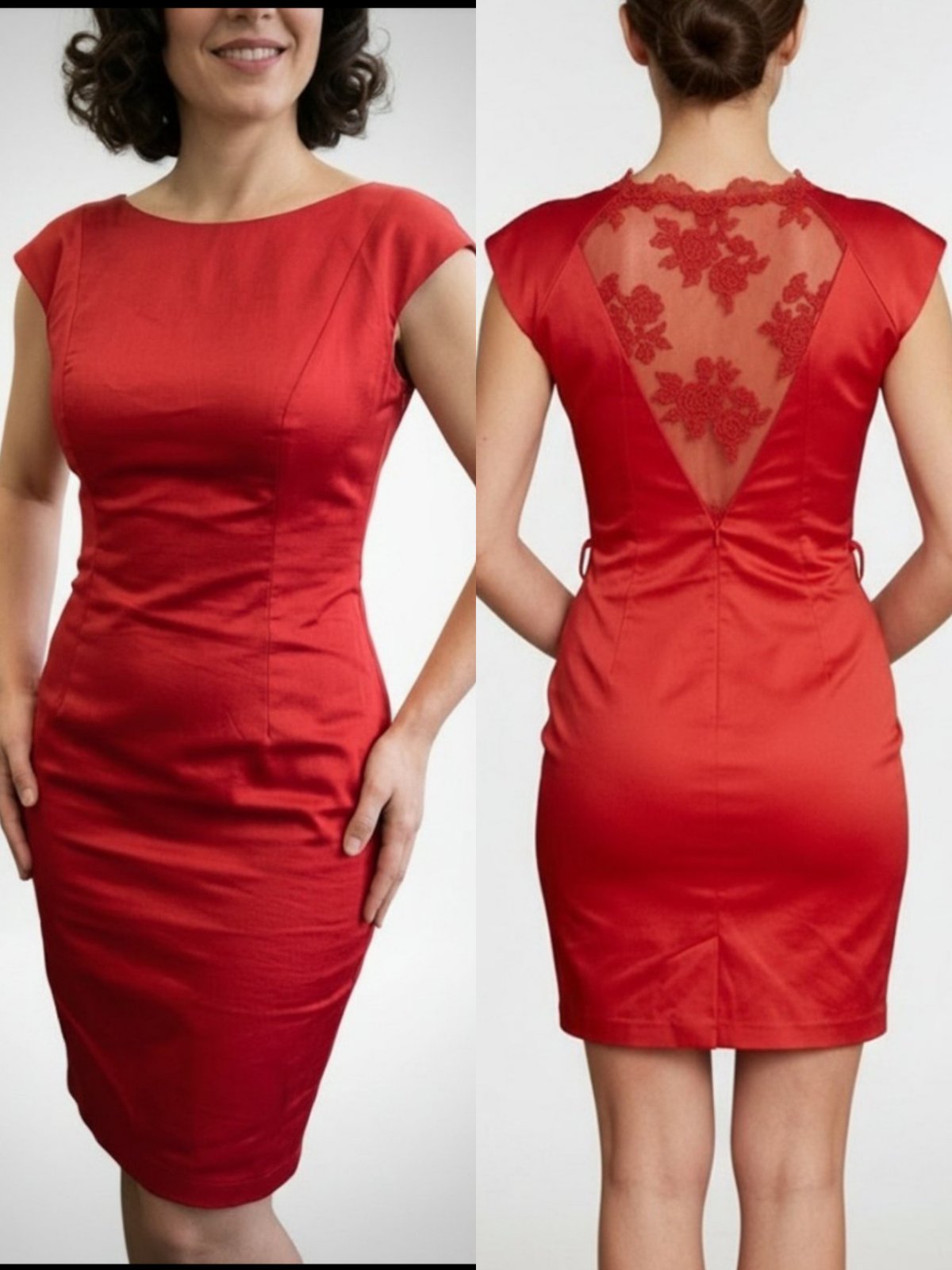 Robe rouge satiné rembourré au niveau poitrine avec dos mousseline avec broderie florale et fermeture à côté  taille 36/38