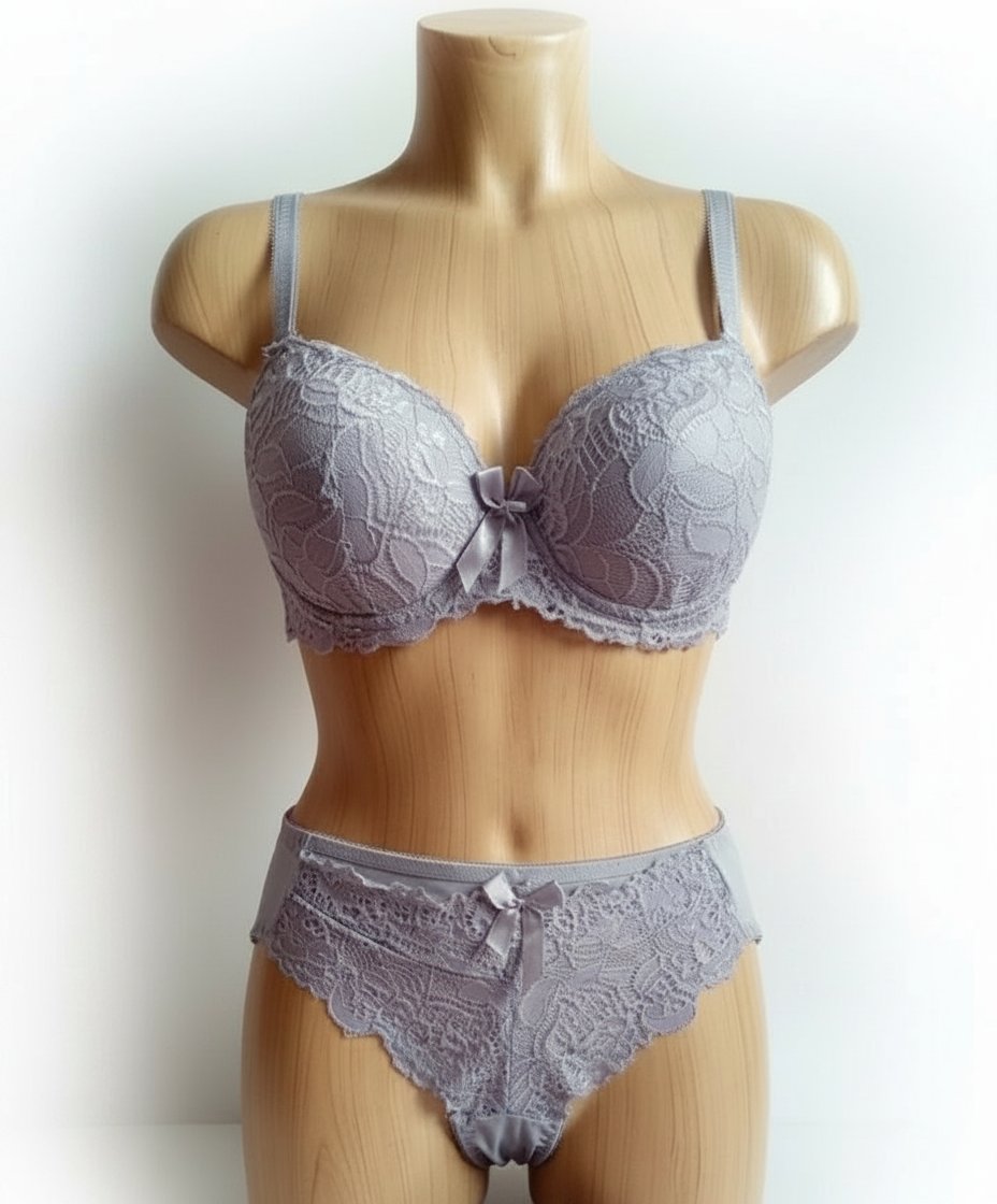 Un soutien-gorge en dentelle de couleur gris clair ou argentée.