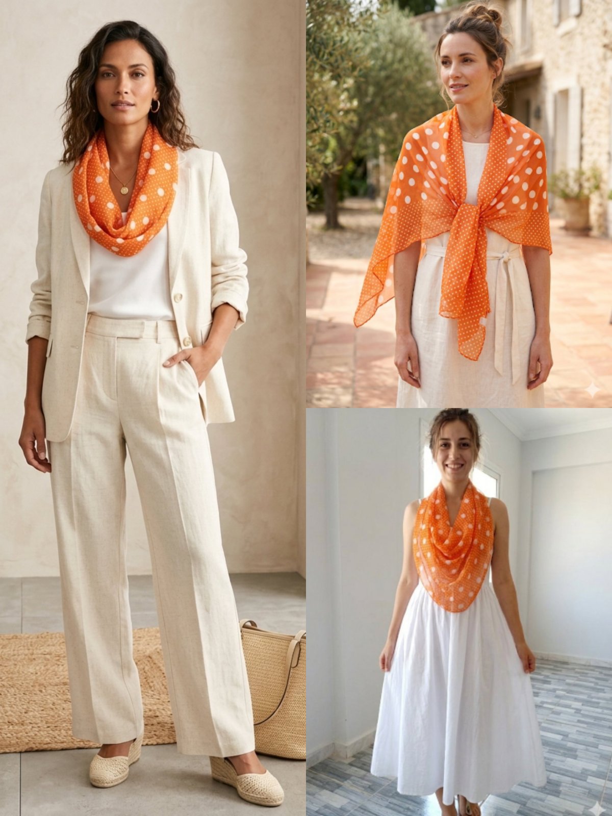 Foulard orangée avec des points en blanc 