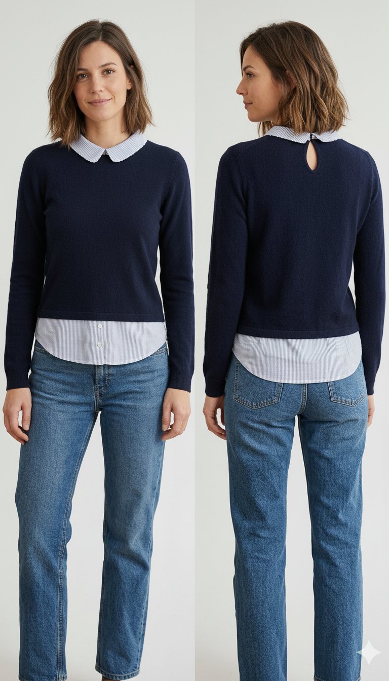 Un pull-over 2-en-1 de couleur marine avec un faux col et un ourlet de chemise rayée blanc et bleu intégrés