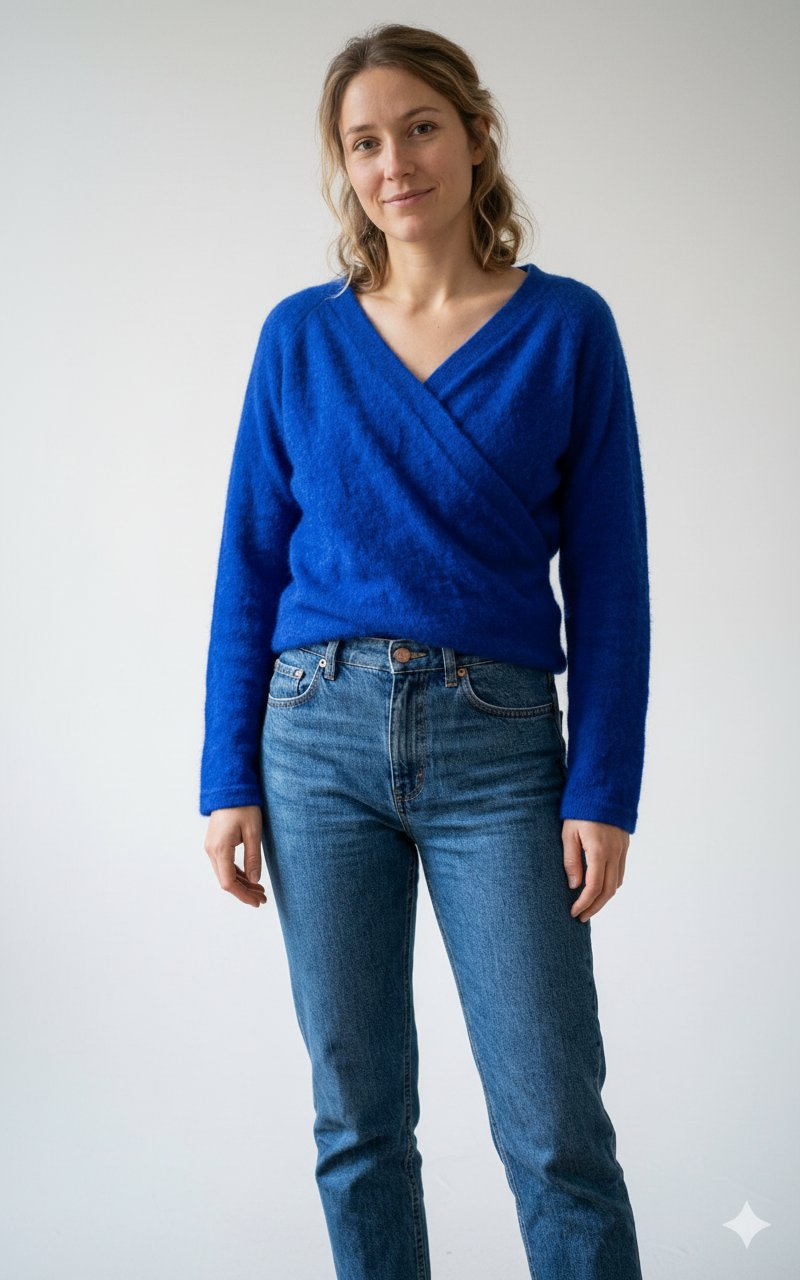 Pull bleu roi col en V croisé 