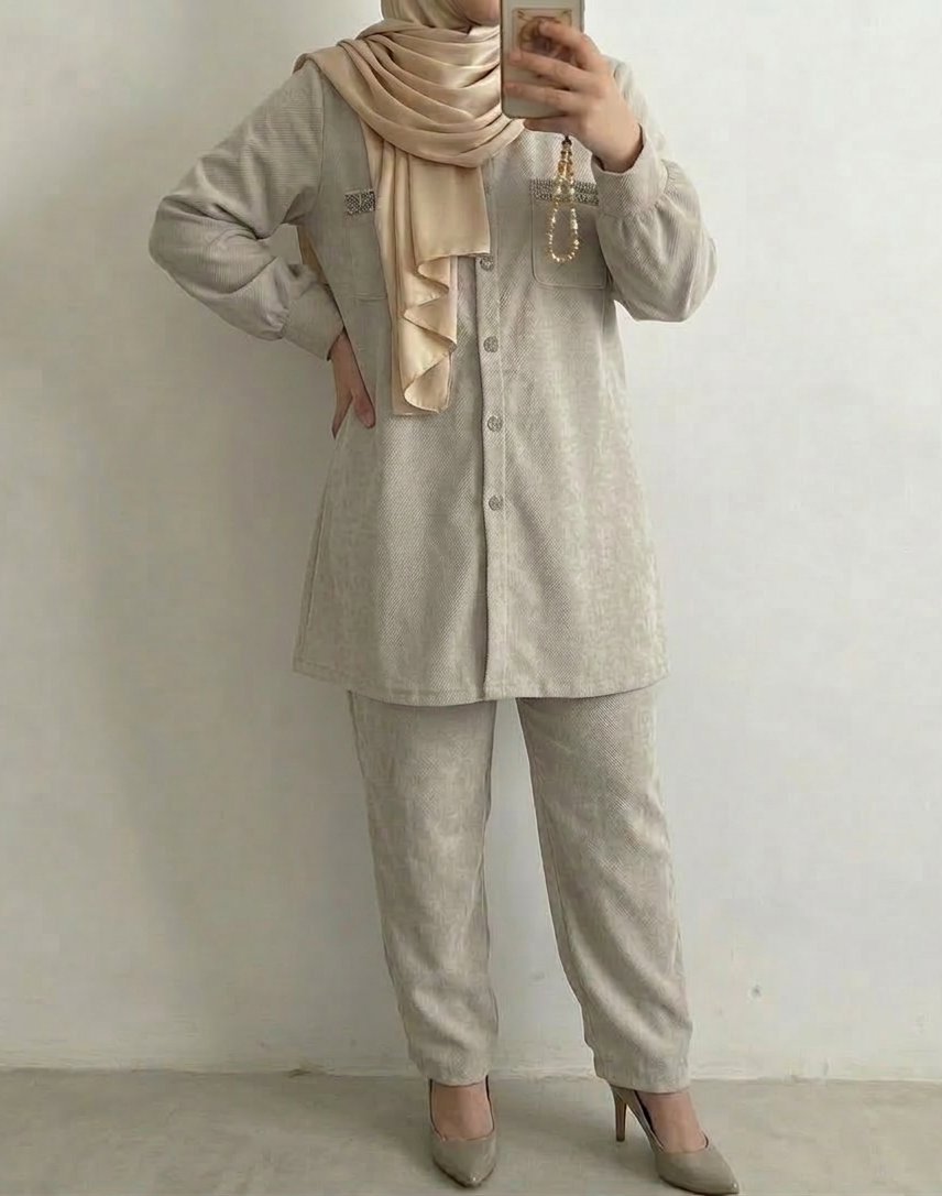 Ensemble Femme Chic – Gris clair avec des rayures fines marron. Taille 3