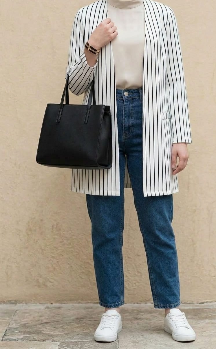 Blazer Blanc à Rayures Noires semi long  – Élégance Assurée ! printemps-été