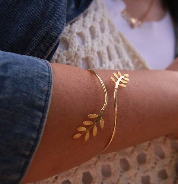 Bracelet manchette branche de feuille d'olivier en argent platinè or et or blanc 