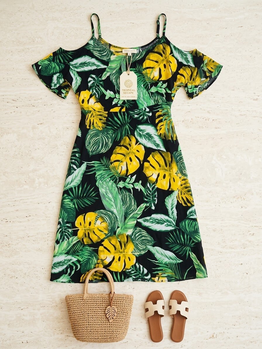Robe courte d'été imprimé tropical / feuillage – Taille M