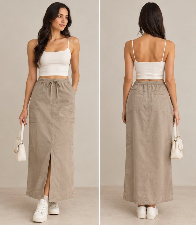 Jupe longue cargo beige avec cordon