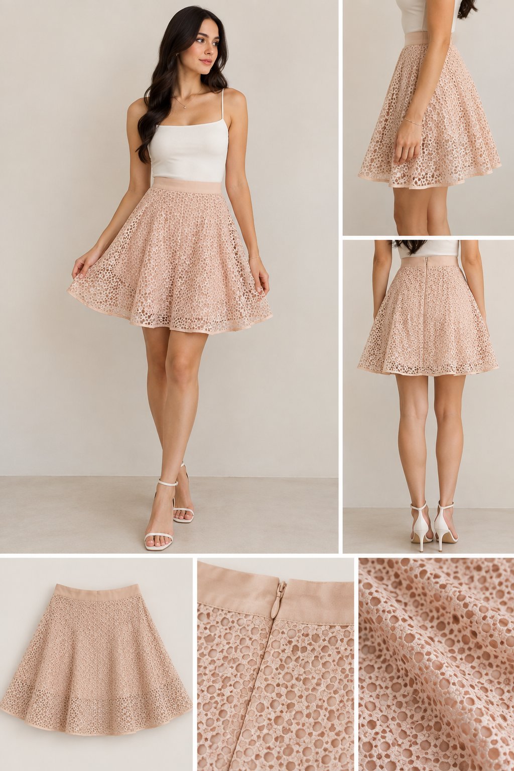 Jupe patineuse en dentelle rose poudré