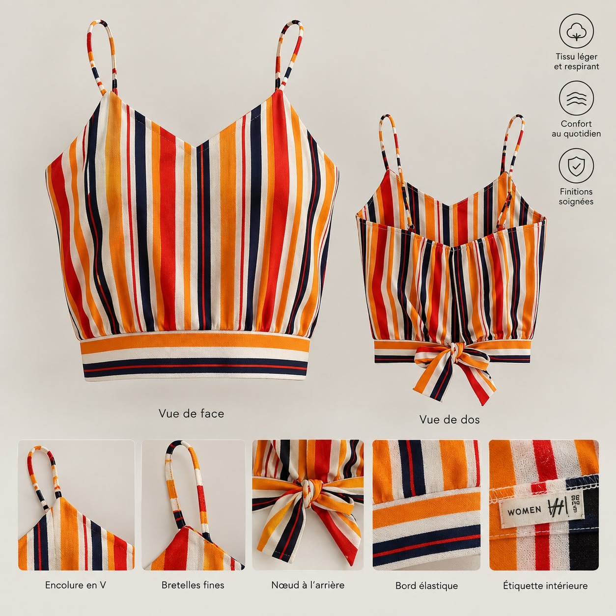 Crop top à rayures multicolores élégant 