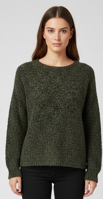 Pull "Doudou" New Collection – Vert Kaki Chiné – Texture Bouclée – Taille L