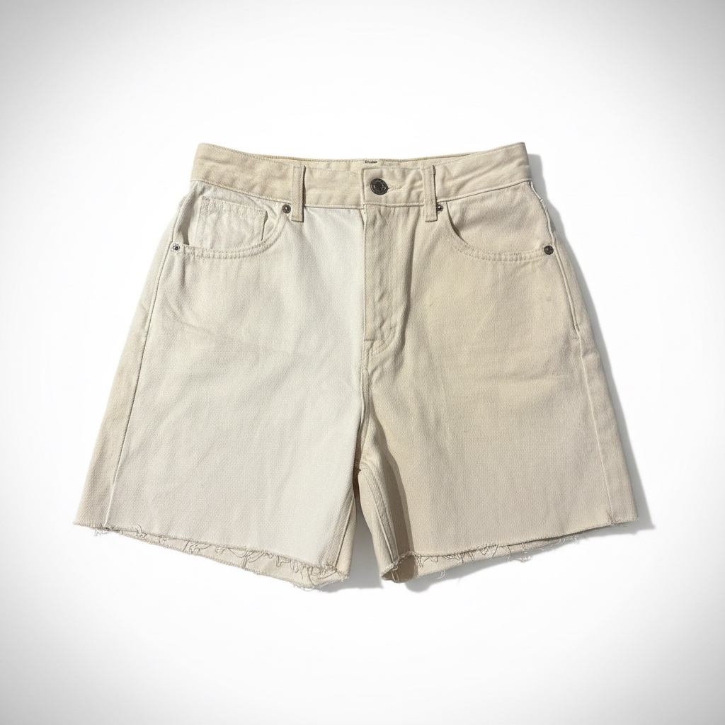 Pull&Bear cream denim Bermuda shorts with a raw hem and two-tone color blocking