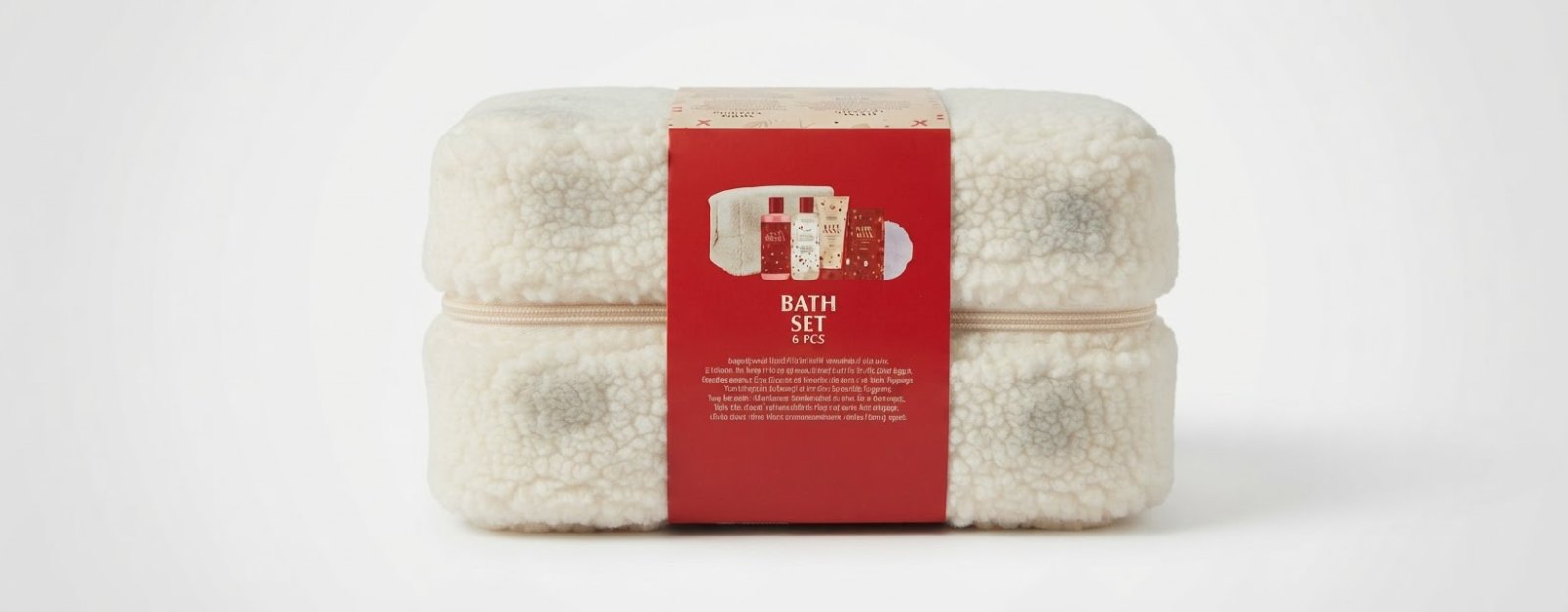 Coffret cadeau bath 6 pcs presenté dans une trousse en matiére effet mouton/fourrure douce 